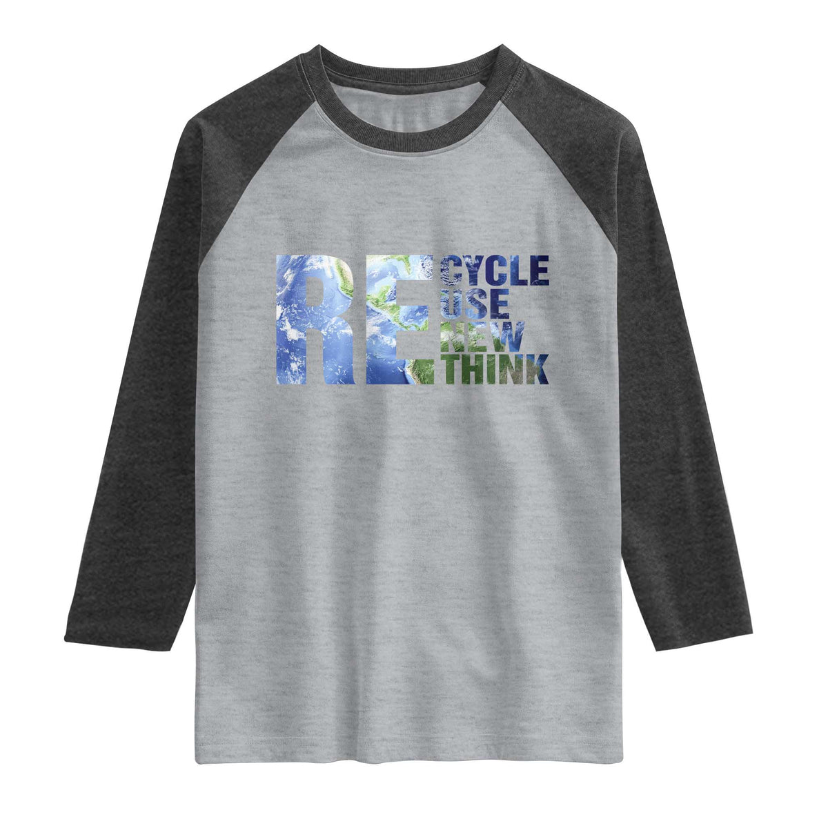Earth Day Raglan Shirt Recycle Reuse Renew Rethink TS14 Heather Gray Heather Charcoal Print Your Wear