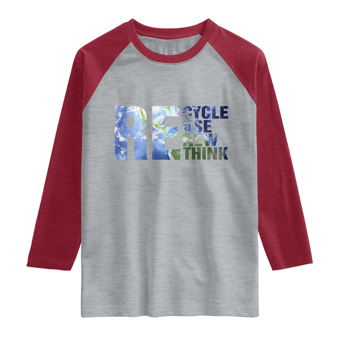 Earth Day Raglan Shirt Recycle Reuse Renew Rethink TS14 Heather Gray Heather Red Print Your Wear