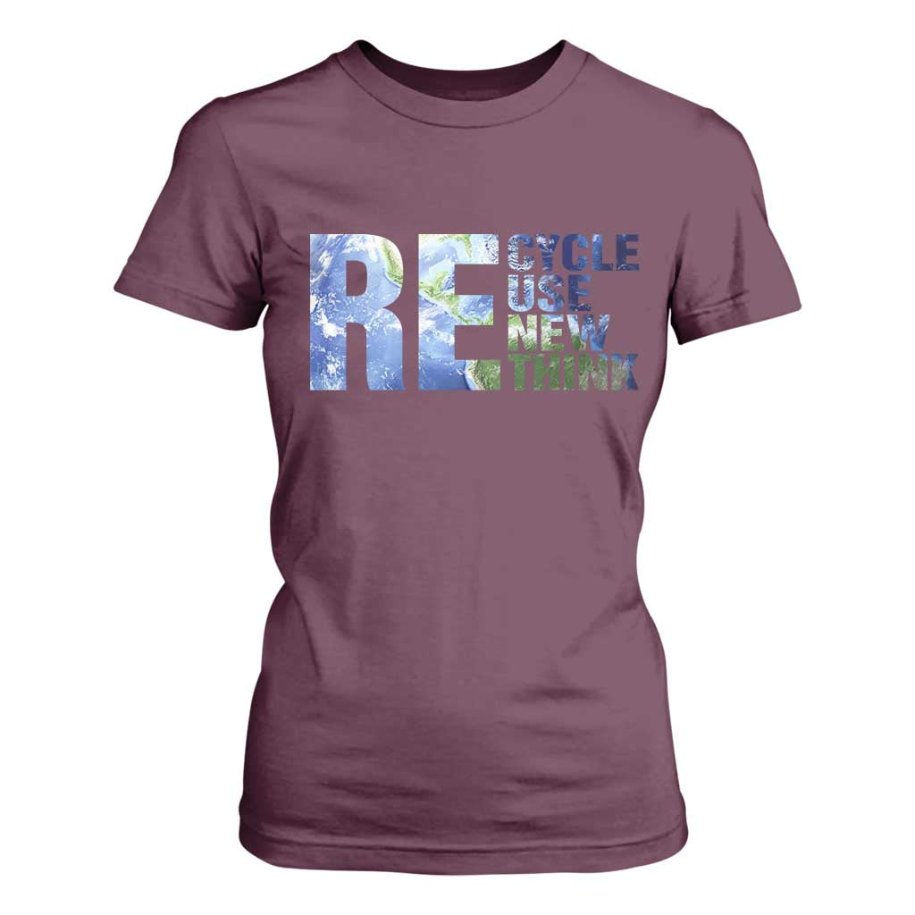 Earth Day T Shirt For Women Recycle Reuse Renew Rethink TS14 Maroon Print Your Wear