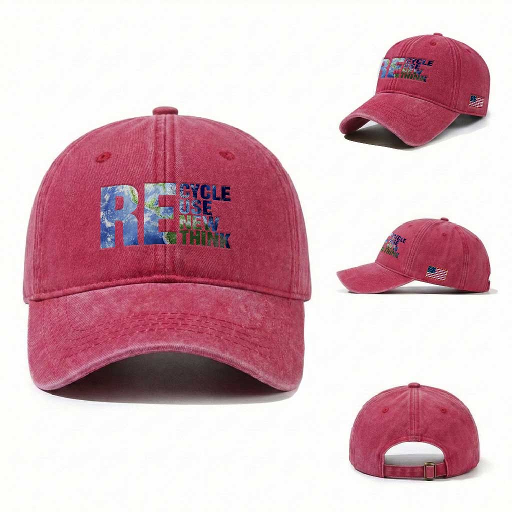 Earth Day Washed Cotton Baseball Cap Recycle Reuse Renew Rethink TS14 Washed Cap Universal Fit Red Print Your Wear
