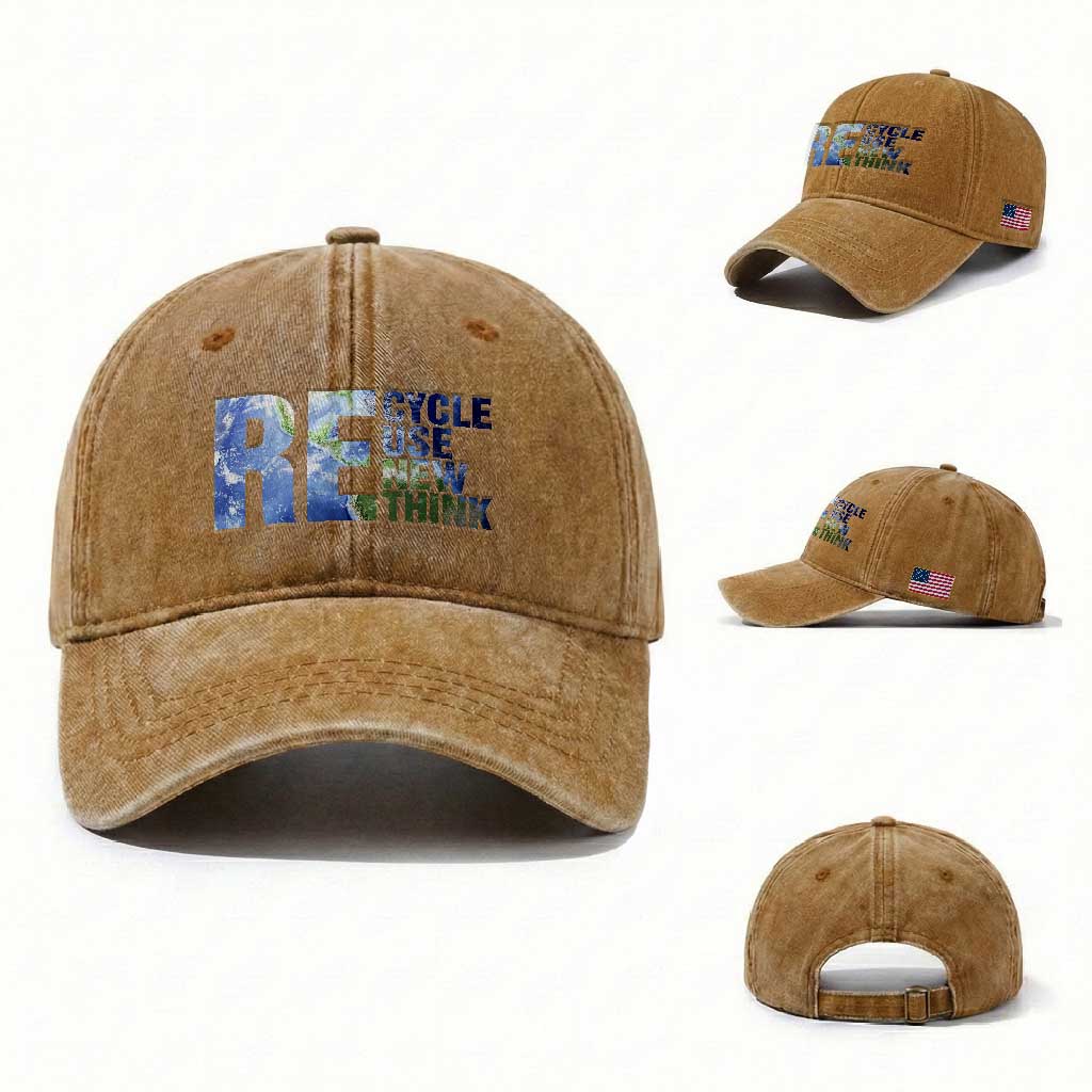 Earth Day Washed Cotton Baseball Cap Recycle Reuse Renew Rethink TS14 Washed Cap Universal Fit Yellow Ochre Print Your Wear