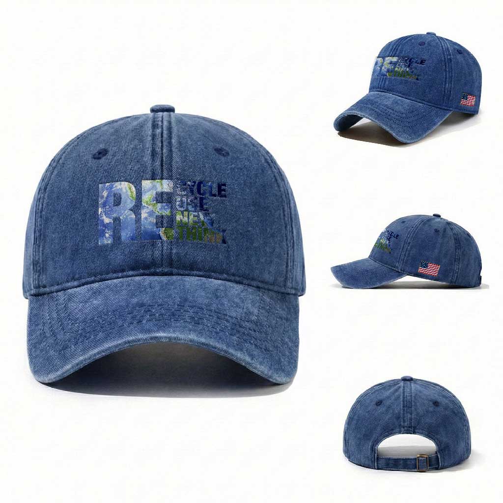 Earth Day Washed Cotton Baseball Cap Recycle Reuse Renew Rethink TS14 Washed Cap Universal Fit Royal Blue Print Your Wear