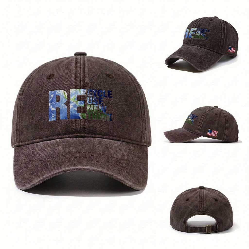 Earth Day Washed Cotton Baseball Cap Recycle Reuse Renew Rethink TS14 Washed Cap Universal Fit Dark Brown Print Your Wear