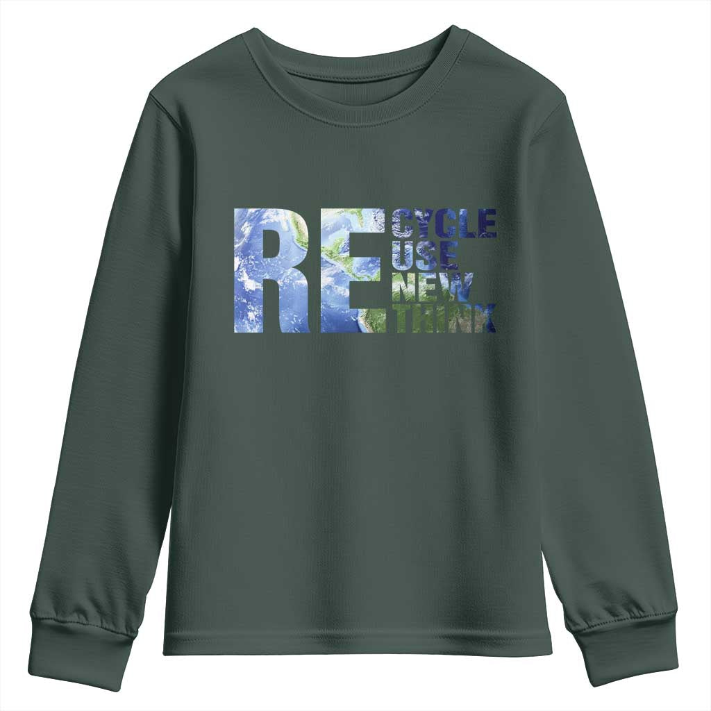 Earth Day Youth Sweatshirt Recycle Reuse Renew Rethink TS14 Dark Forest Green Print Your Wear