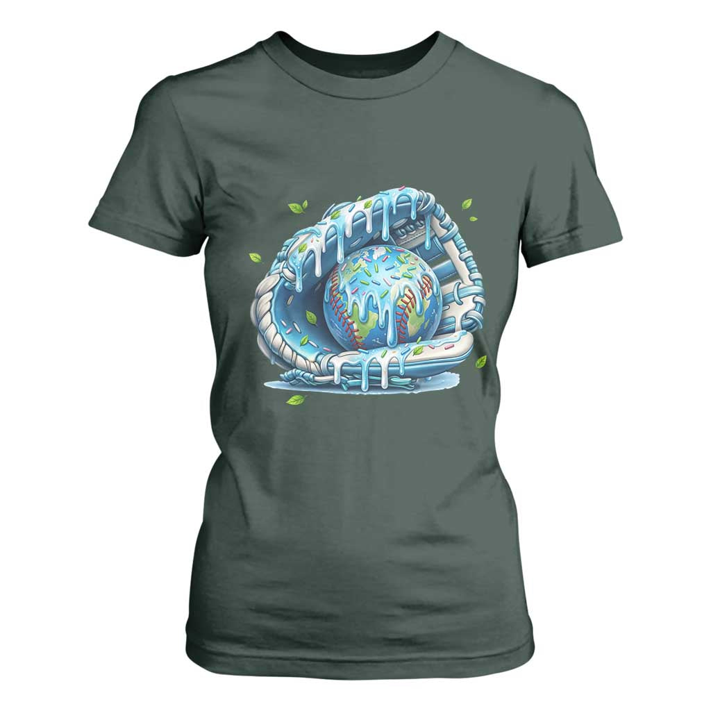 Earth Day T Shirt For Women Funny Baseball Ice Cream Drip Glove Eco Friendly TS14 Dark Forest Green Print Your Wear