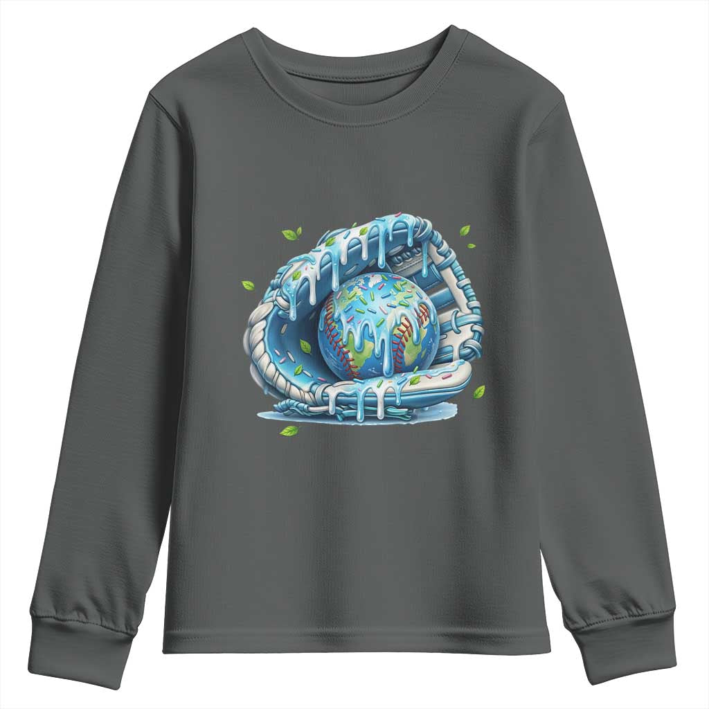 Earth Day Youth Sweatshirt Funny Baseball Ice Cream Drip Glove Eco Friendly TS14 Dark Heather Print Your Wear