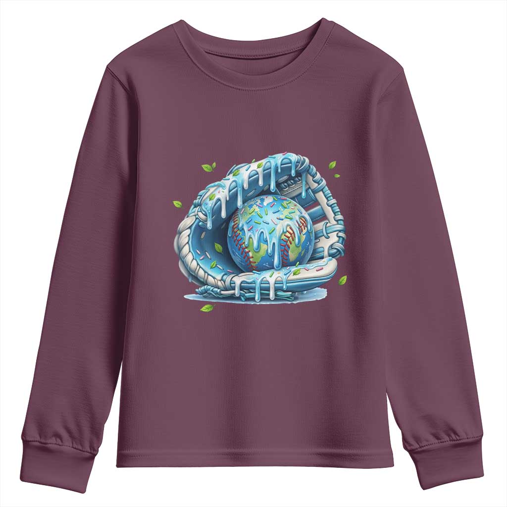 Earth Day Youth Sweatshirt Funny Baseball Ice Cream Drip Glove Eco Friendly TS14 Maroon Print Your Wear