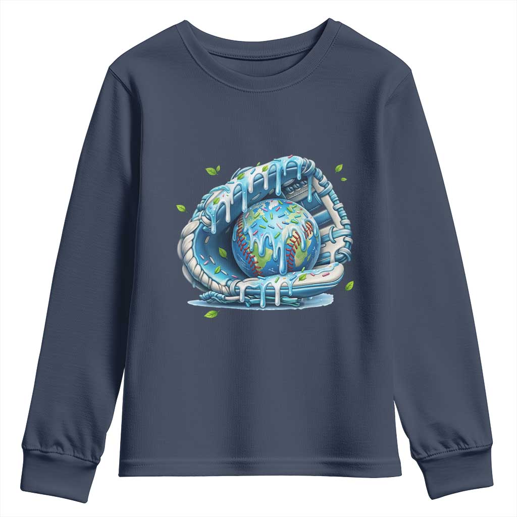 Earth Day Youth Sweatshirt Funny Baseball Ice Cream Drip Glove Eco Friendly TS14 Navy Print Your Wear