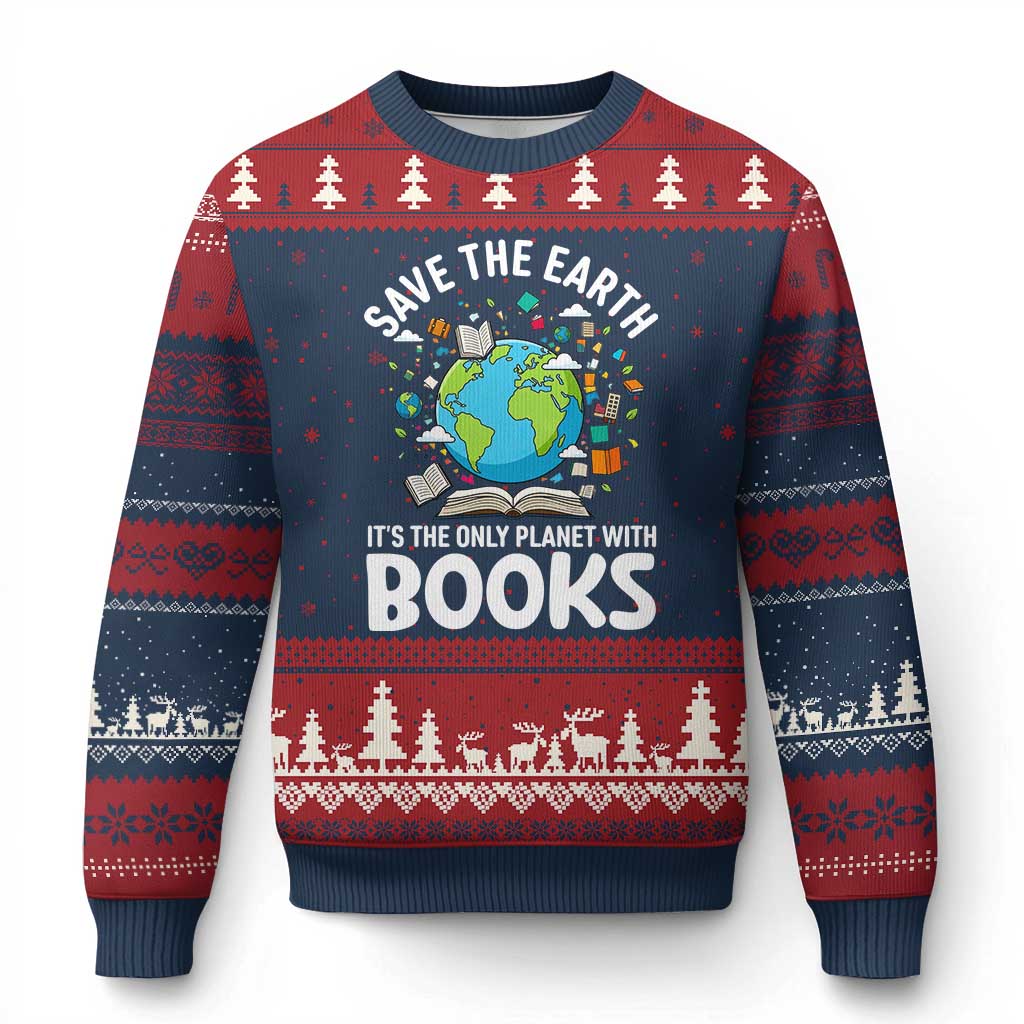 Save the Earth Ugly Christmas Sweater It's the Only Planet with Books TS14 Navy Red Print Your Wear