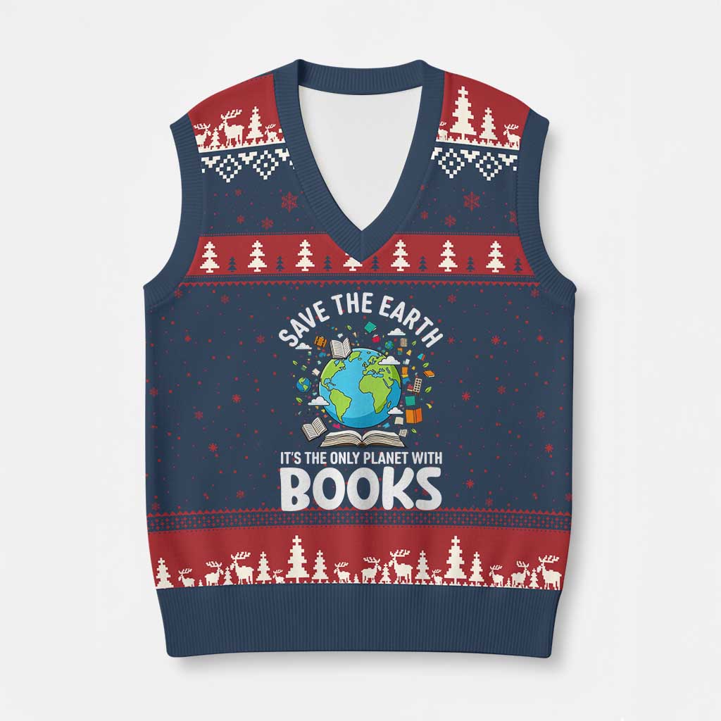 Save the Earth V-Neck Knit Sweater Vest It's the Only Planet with Books TS14 Navy Red Print Your Wear