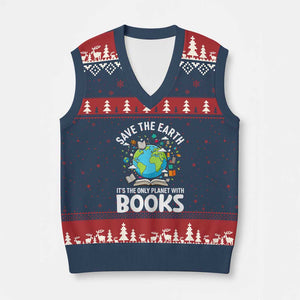 Save the Earth V-Neck Knit Sweater Vest It's the Only Planet with Books TS14 Navy Red Print Your Wear