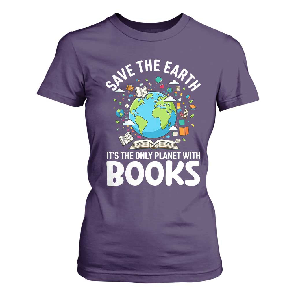 Save the Earth T Shirt For Women It's the Only Planet with Books TS14 Purple Print Your Wear