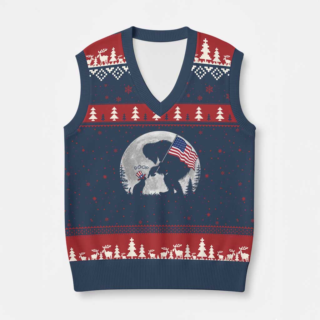 Bigfoot Boop Cat Moon V-Neck Knit Sweater Vest Funny Sasquatch Meme 4th of July