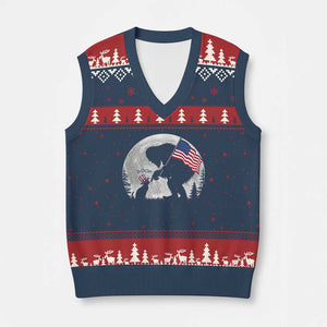 Bigfoot Boop Cat Moon V-Neck Knit Sweater Vest Funny Sasquatch Meme 4th of July