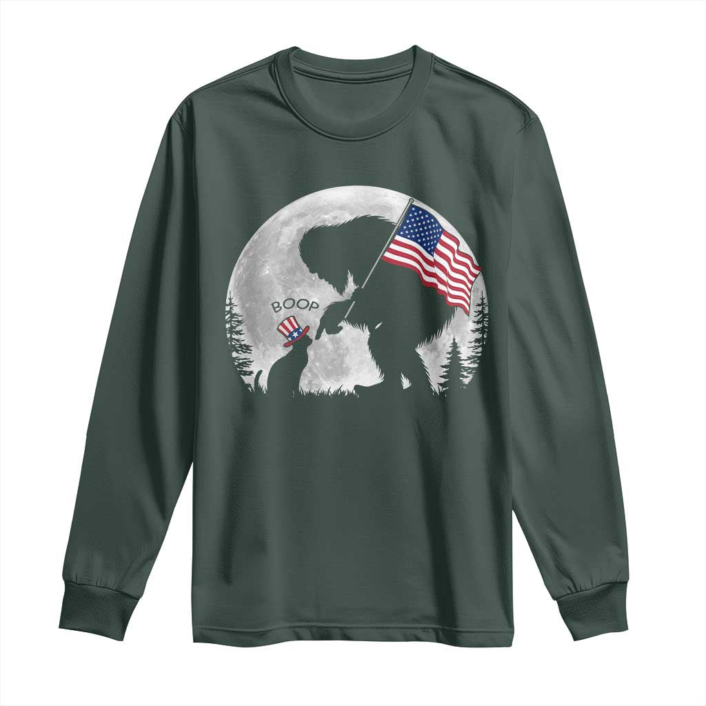 Bigfoot Boop Cat Moon Long Sleeve Shirt Funny Sasquatch Meme 4th of July TS14 Dark Forest Green Print Your Wear