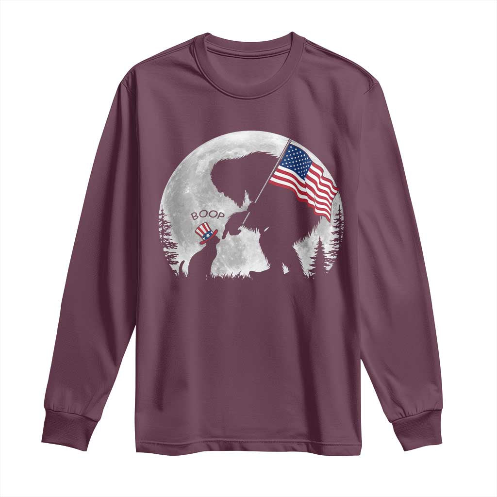 Bigfoot Boop Cat Moon Long Sleeve Shirt Funny Sasquatch Meme 4th of July TS14 Maroon Print Your Wear