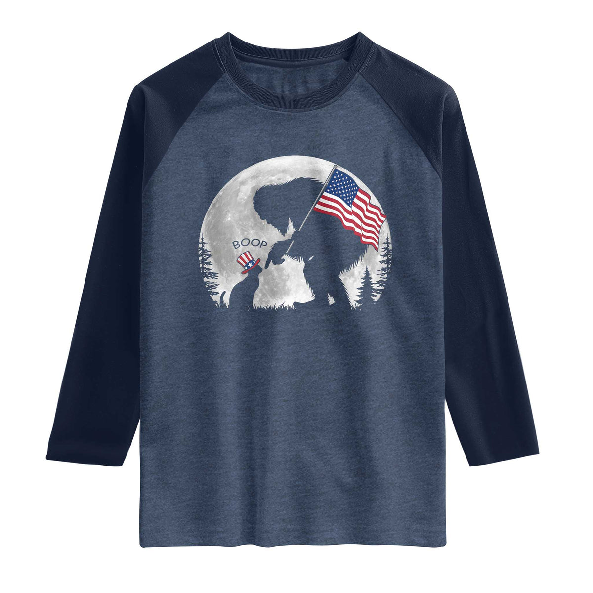 Bigfoot Boop Cat Moon Raglan Shirt Funny Sasquatch Meme 4th of July TS14 Heather Denim Navy Print Your Wear