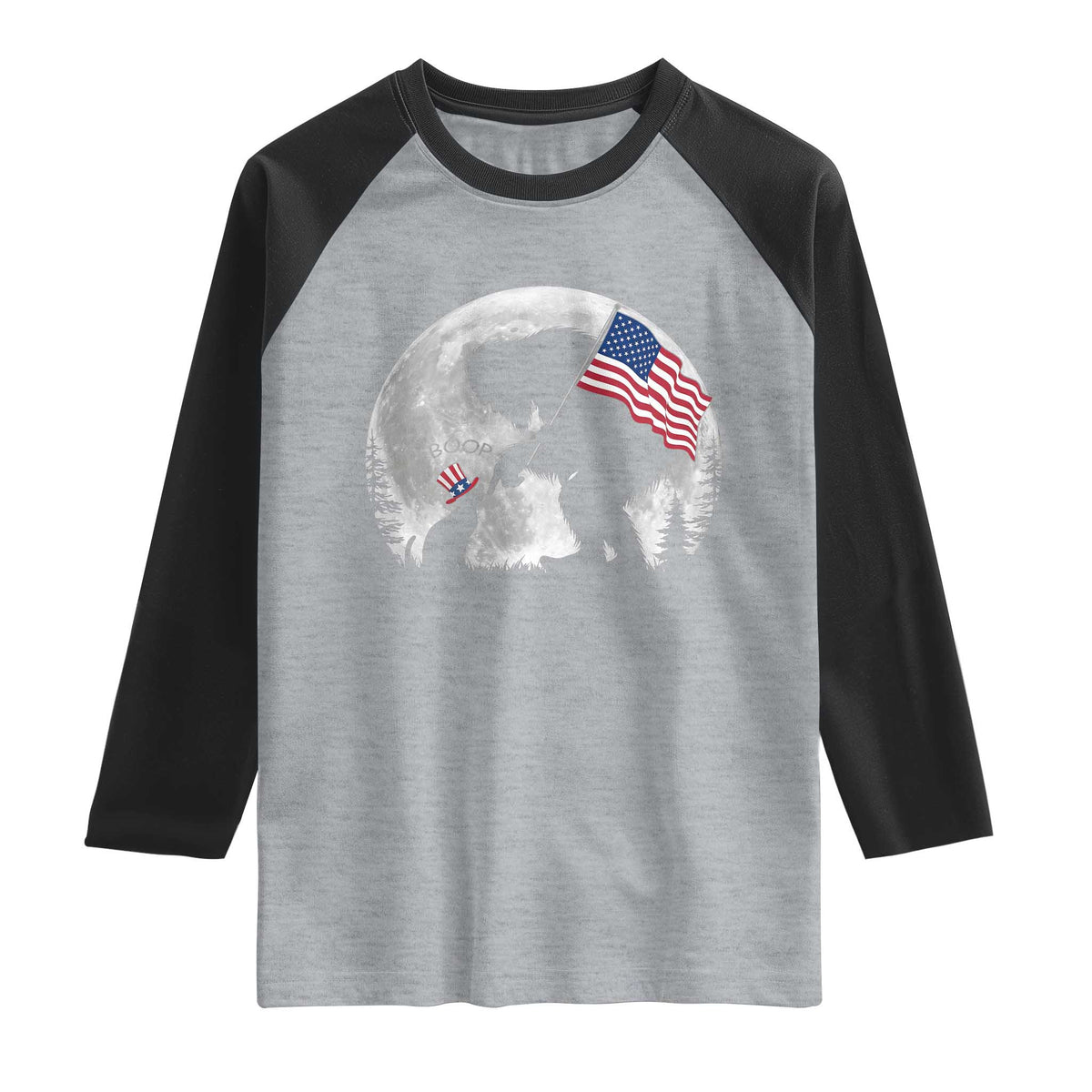 Bigfoot Boop Cat Moon Raglan Shirt Funny Sasquatch Meme 4th of July TS14 Heather Gray Black Print Your Wear