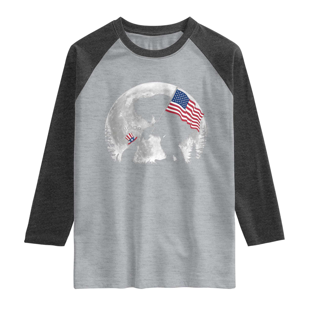 Bigfoot Boop Cat Moon Raglan Shirt Funny Sasquatch Meme 4th of July TS14 Heather Gray Heather Charcoal Print Your Wear