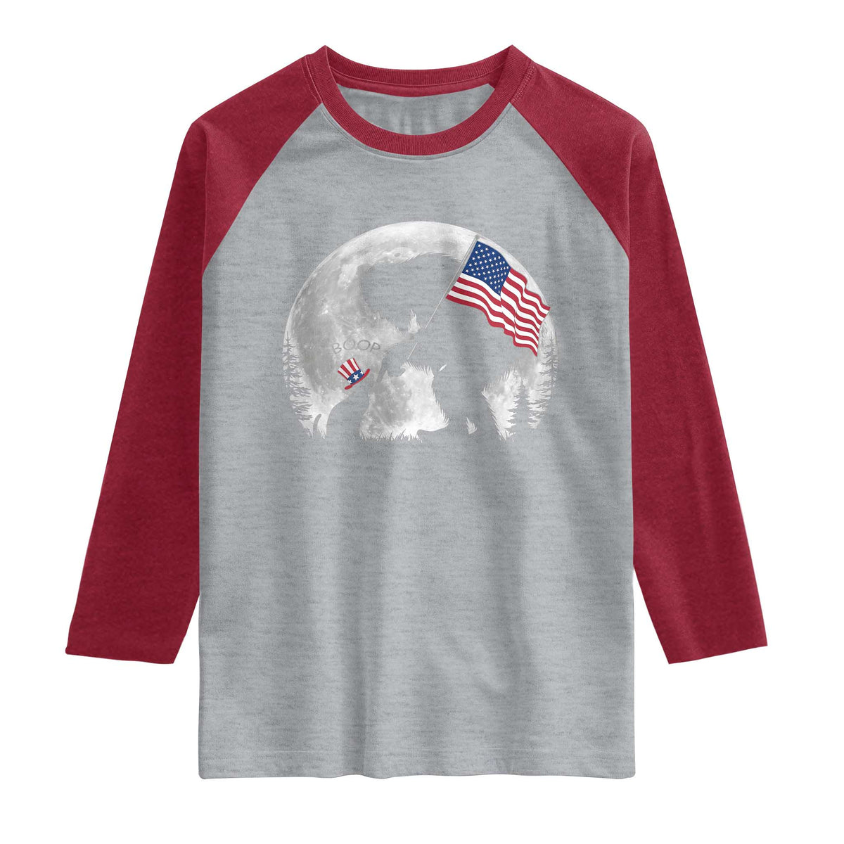 Bigfoot Boop Cat Moon Raglan Shirt Funny Sasquatch Meme 4th of July TS14 Heather Gray Heather Red Print Your Wear