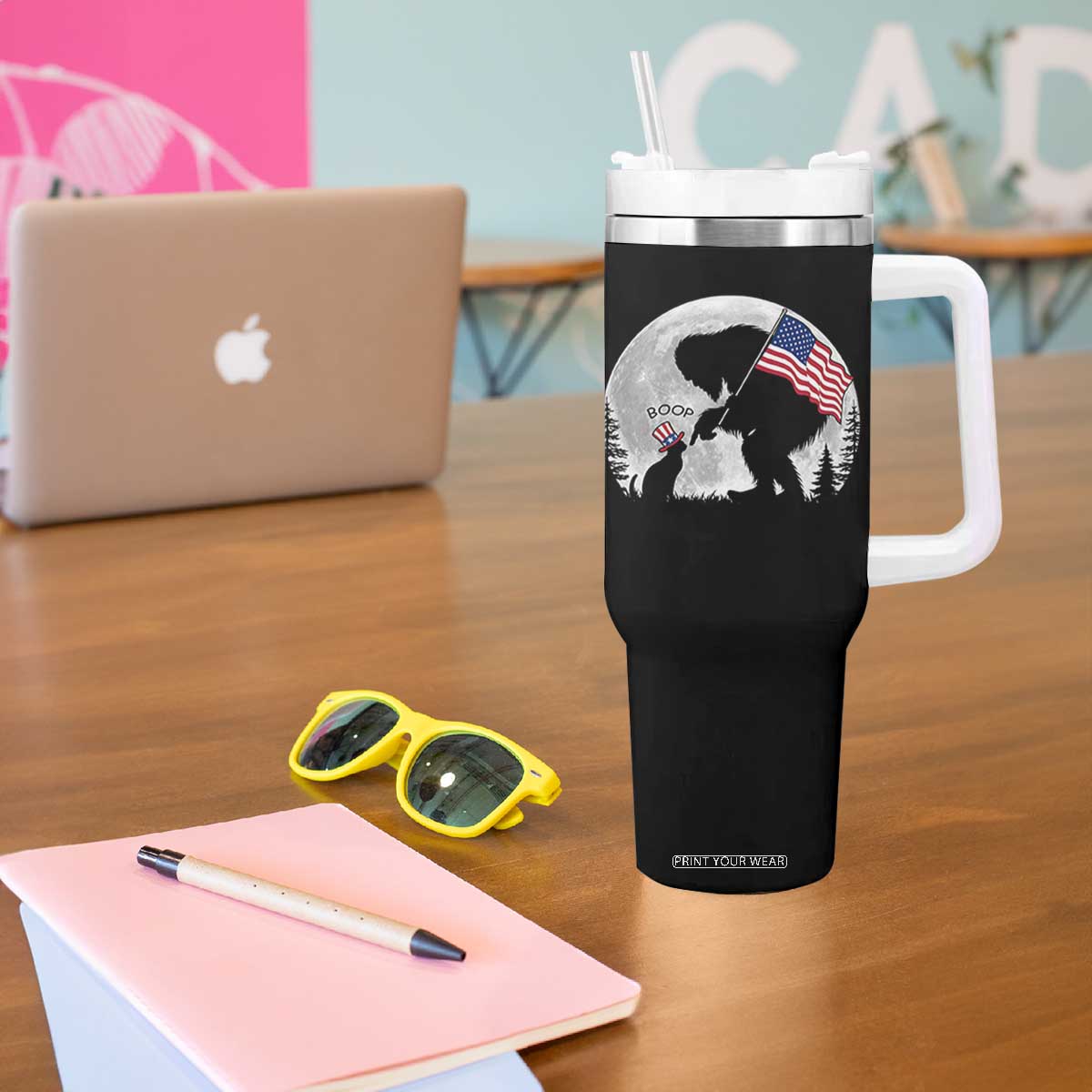 Bigfoot Boop Cat Moon Tumbler With Handle Funny Sasquatch Meme 4th of July TS14 Print Your Wear