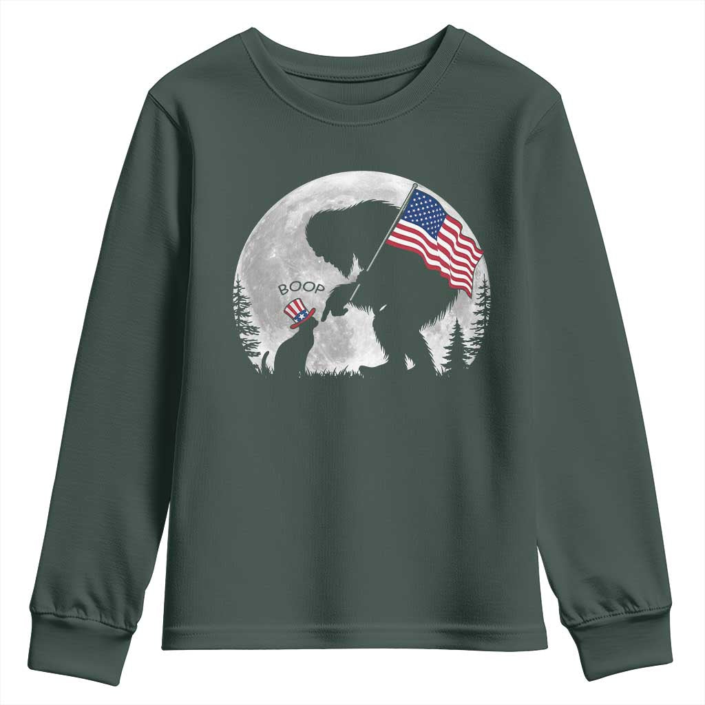 Bigfoot Boop Cat Moon Youth Sweatshirt Funny Sasquatch Meme 4th of July TS14 Dark Forest Green Print Your Wear