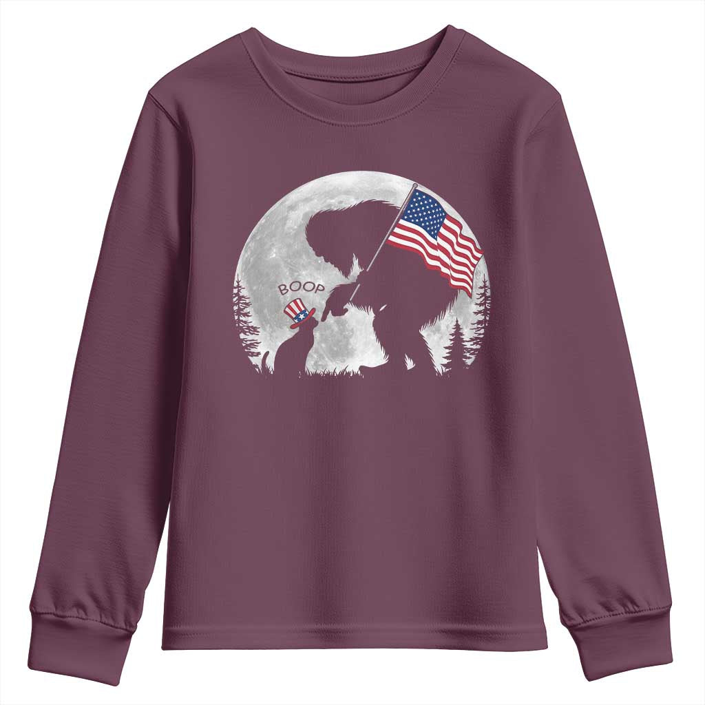 Bigfoot Boop Cat Moon Youth Sweatshirt Funny Sasquatch Meme 4th of July TS14 Maroon Print Your Wear
