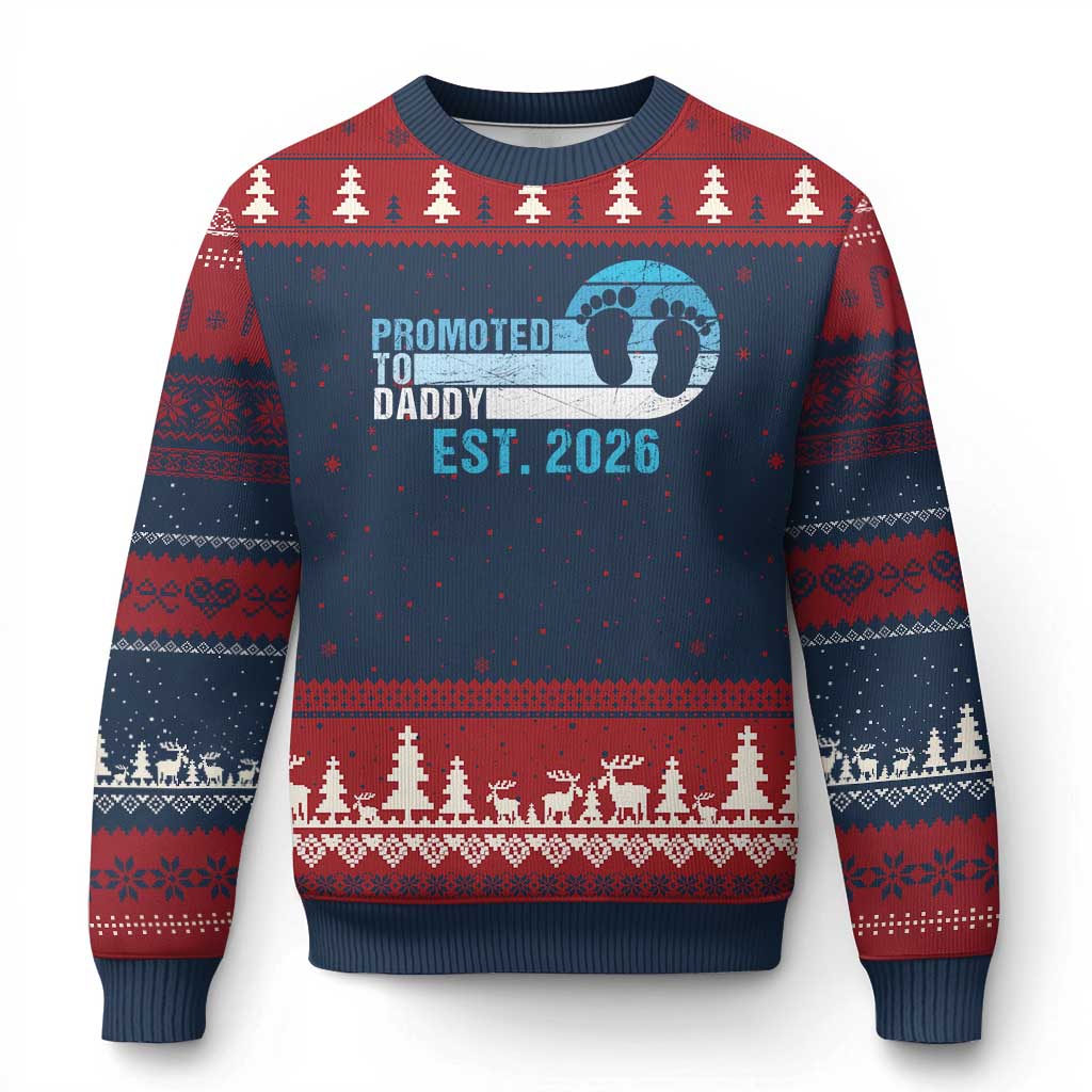 Promoted to Daddy 2026 Ugly Christmas Sweater Funny Pregnancy Reveal TS14 Navy Red Print Your Wear