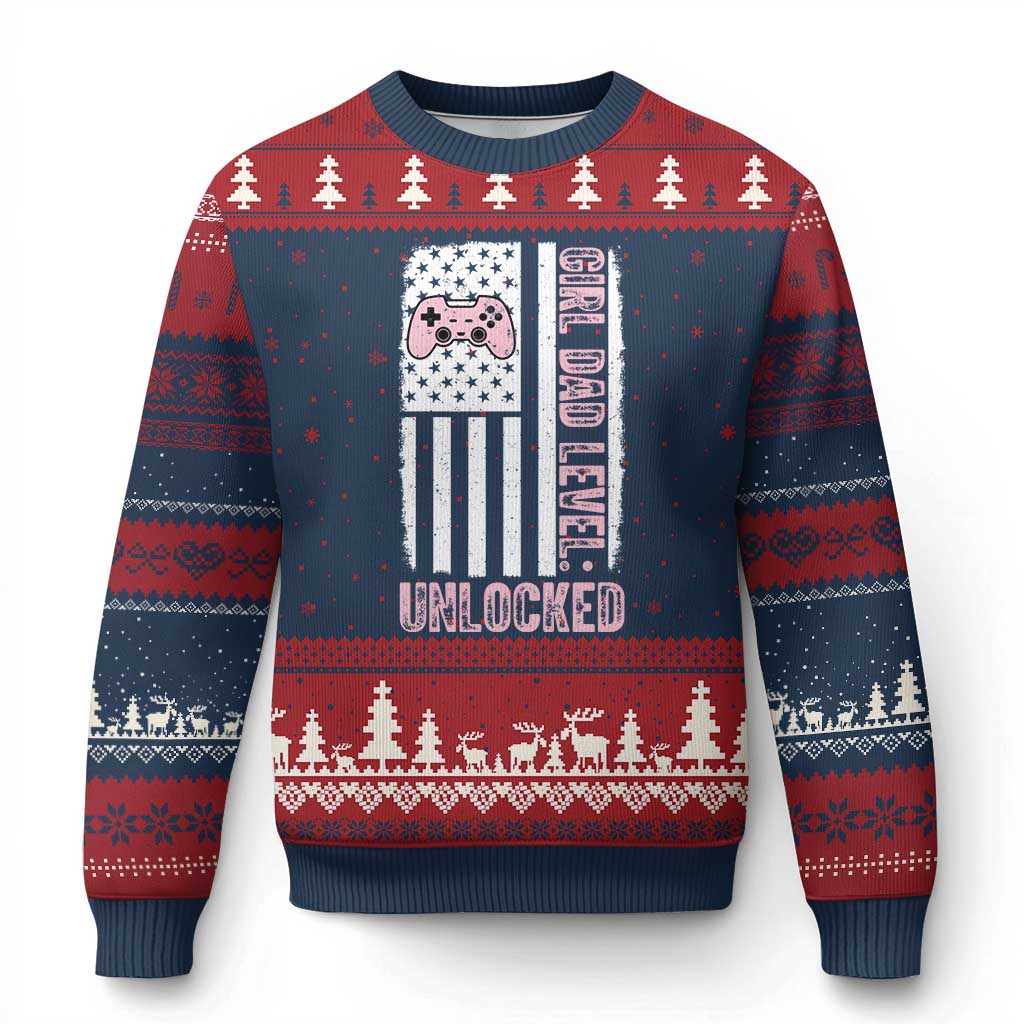 Girl Dad Level Unlocked Ugly Christmas Sweater Funny New Dad TS14 Navy Red Print Your Wear