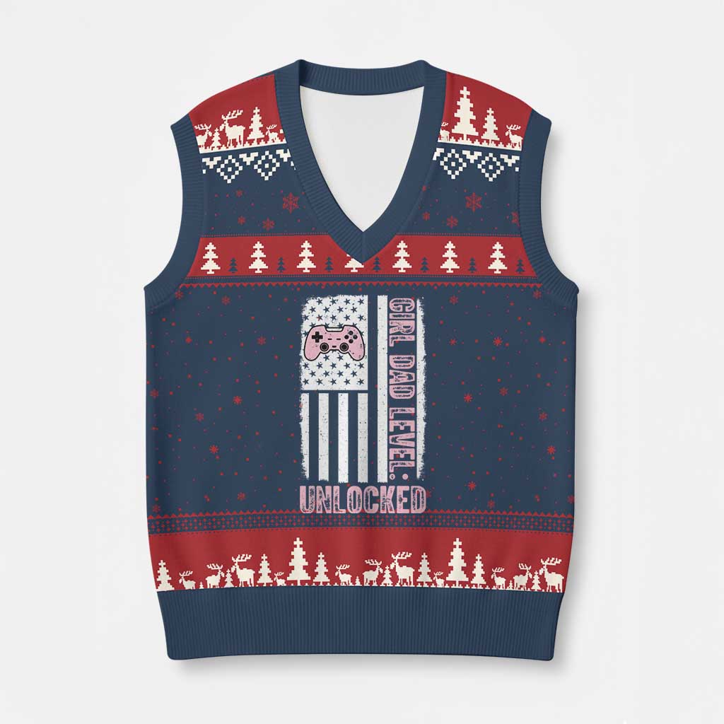 Girl Dad Level Unlocked V-Neck Knit Sweater Vest Funny New Dad