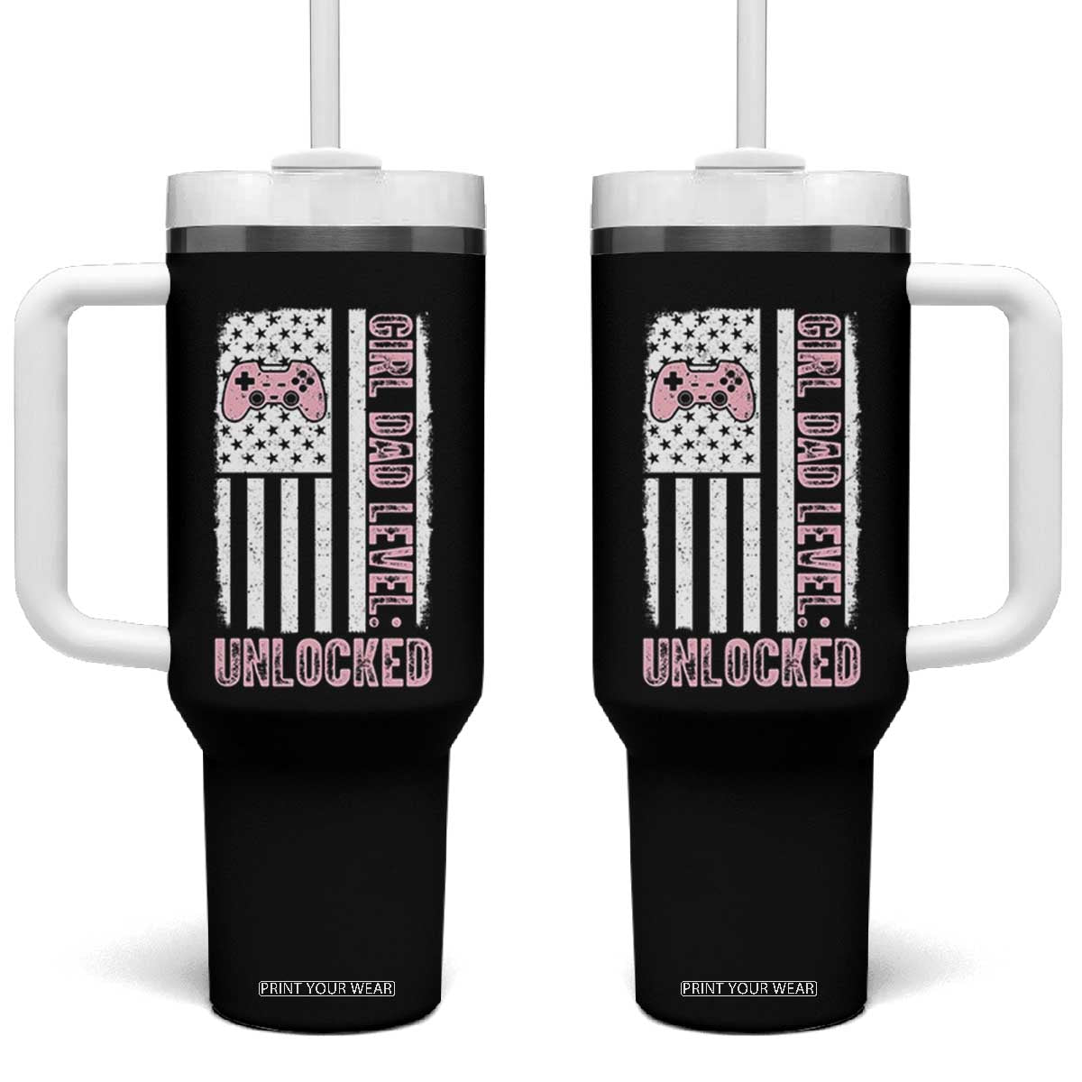 Girl Dad Level Unlocked Tumbler With Handle Funny New Dad TS14 One Size: 40 oz Black Print Your Wear