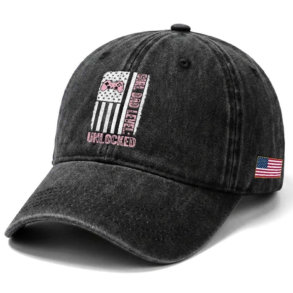 Girl Dad Level Unlocked Washed Cotton Baseball Cap Funny New Dad