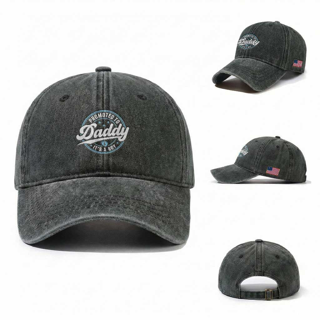 Promoted To Daddy It's A Boy Washed Cotton Baseball Cap Funny Pregnancy Reveal