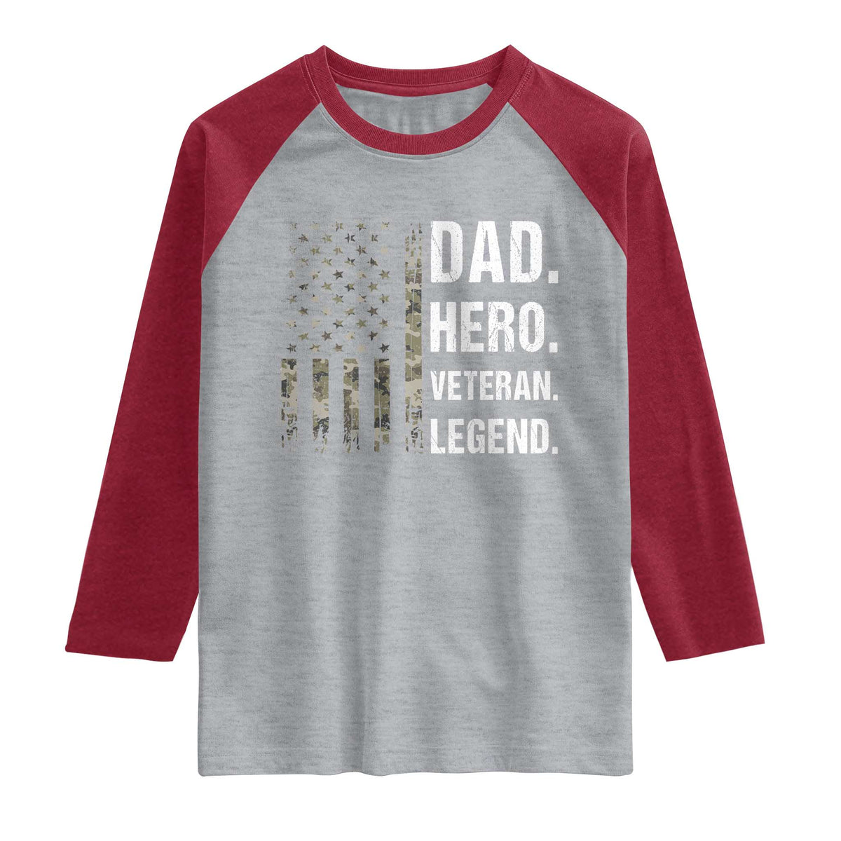 Dad Hero Veteran Legend Camouflage Father's Day Raglan Shirt TS14 Heather Gray Heather Red Print Your Wear