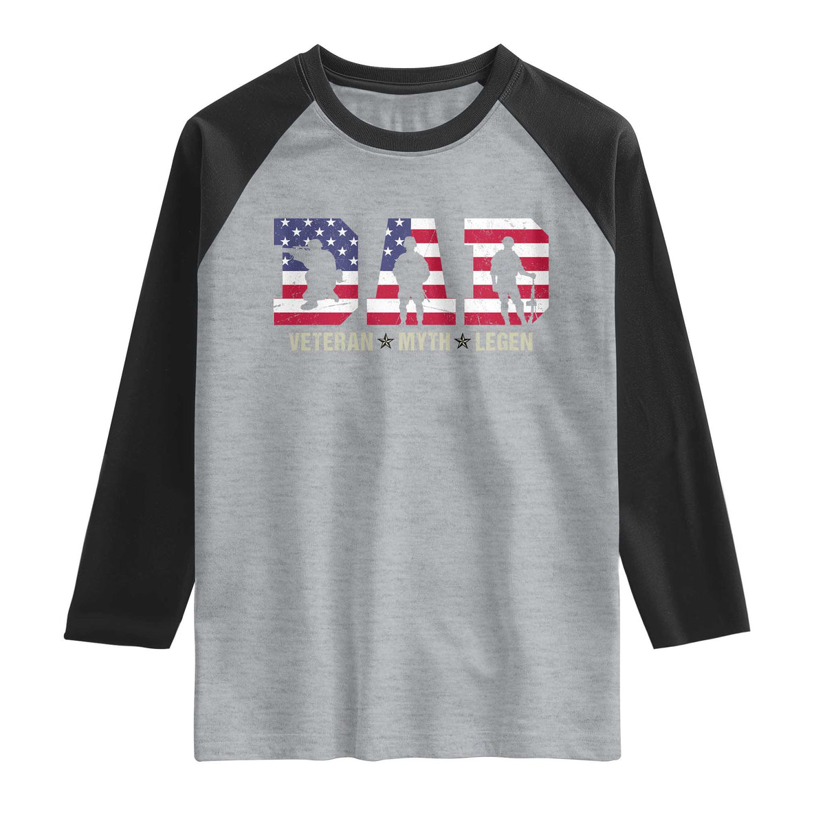 Veteran Dad The Myth Legend Raglan Shirt Cool Father's Day Military Gifts 4th of July TS14 Heather Gray Black Print Your Wear