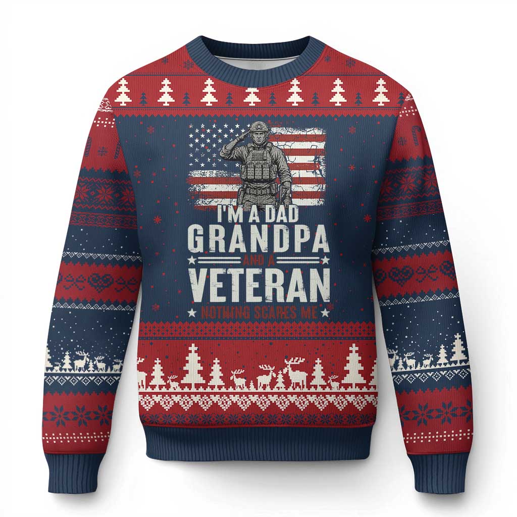 I'm A Dad Grandpa and Veteran Nothing Scares Me Ugly Christmas Sweater Funny Veteran Dad Grandpa Humor TS14 Navy Red Print Your Wear