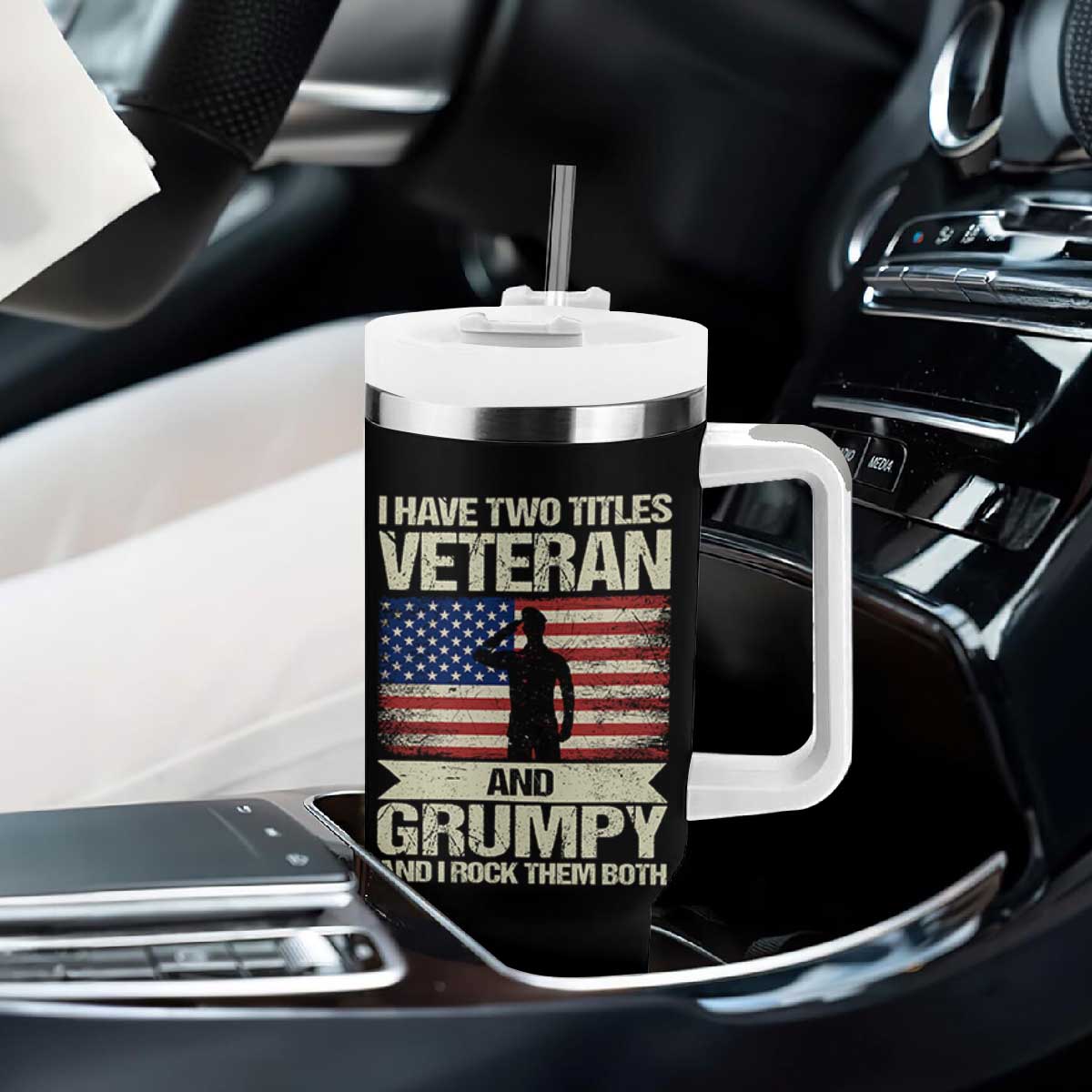 I Have Two Titles Veteran and Grumpy Tumbler With Handle Funny Veteran Dad Grandpa Humor