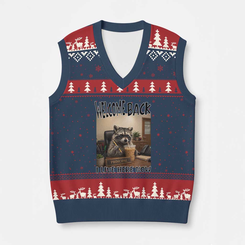 Funny Raccoon School Principal V-Neck Knit Sweater Vest Welcom Back To School TS14 Navy Red Print Your Wear