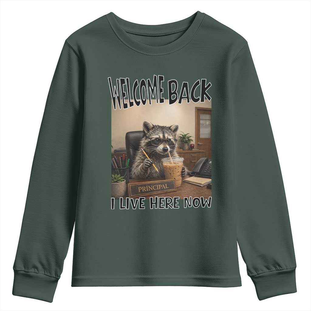 Funny Raccoon School Principal Youth Sweatshirt Welcom Back To School TS14 Dark Forest Green Print Your Wear