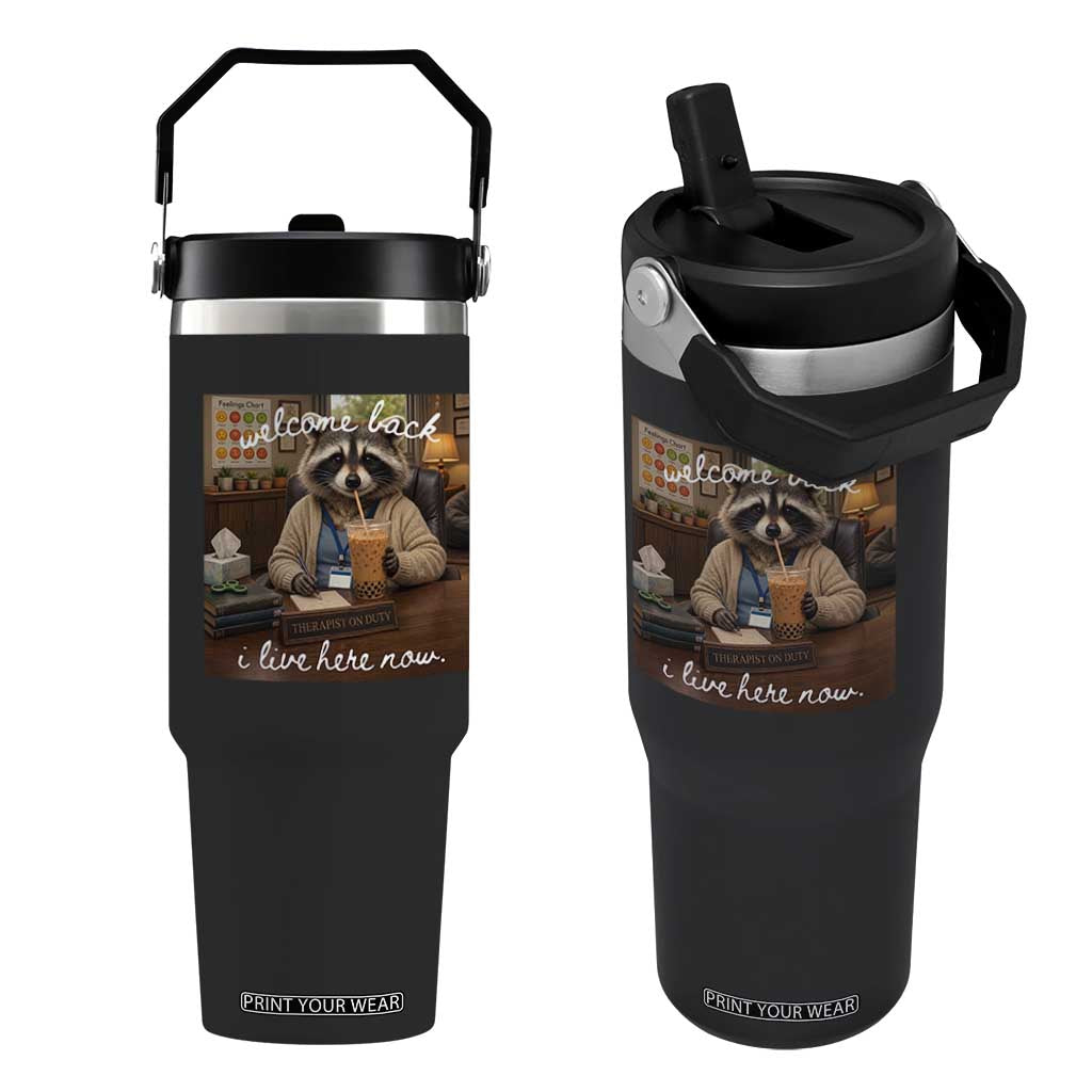 Funny School Therapist Raccoon Drinking Iced Coffee Flip Straw Tumbler TS14 One Size: 30 oz Black Print Your Wear
