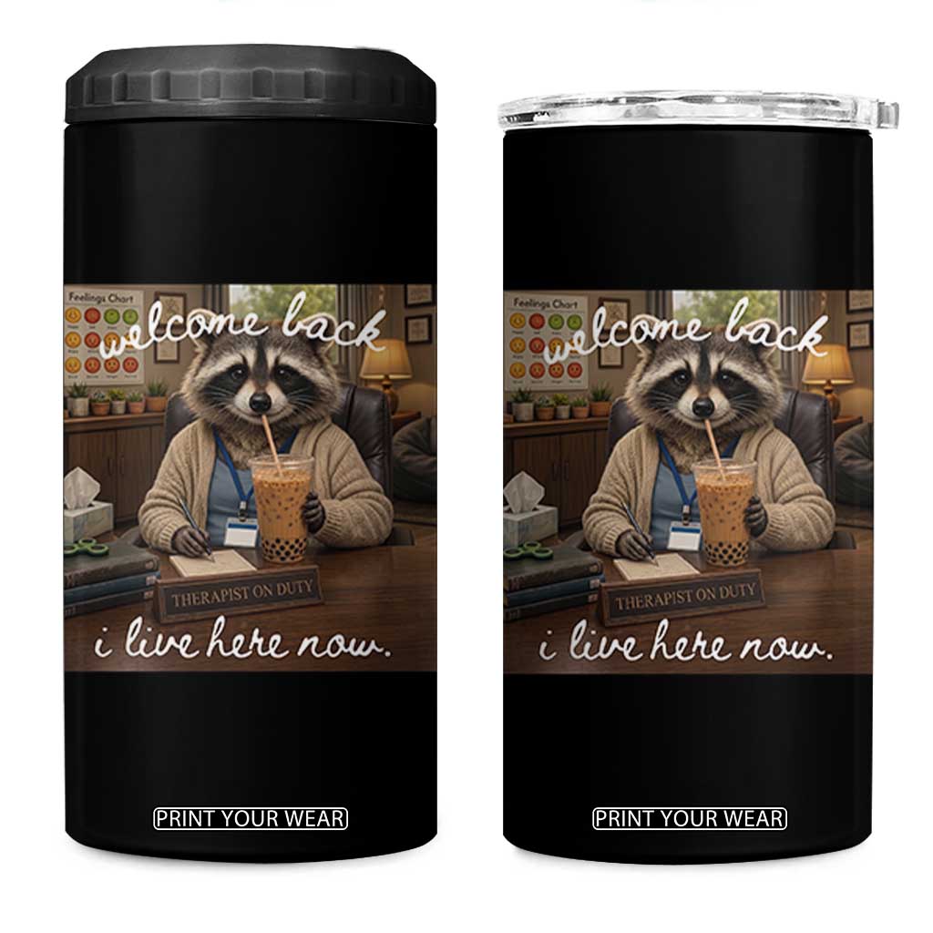 Funny School Therapist Raccoon Drinking Iced Coffee 4 in 1 Can Cooler Tumbler TS14 One Size: 16 oz Black Print Your Wear