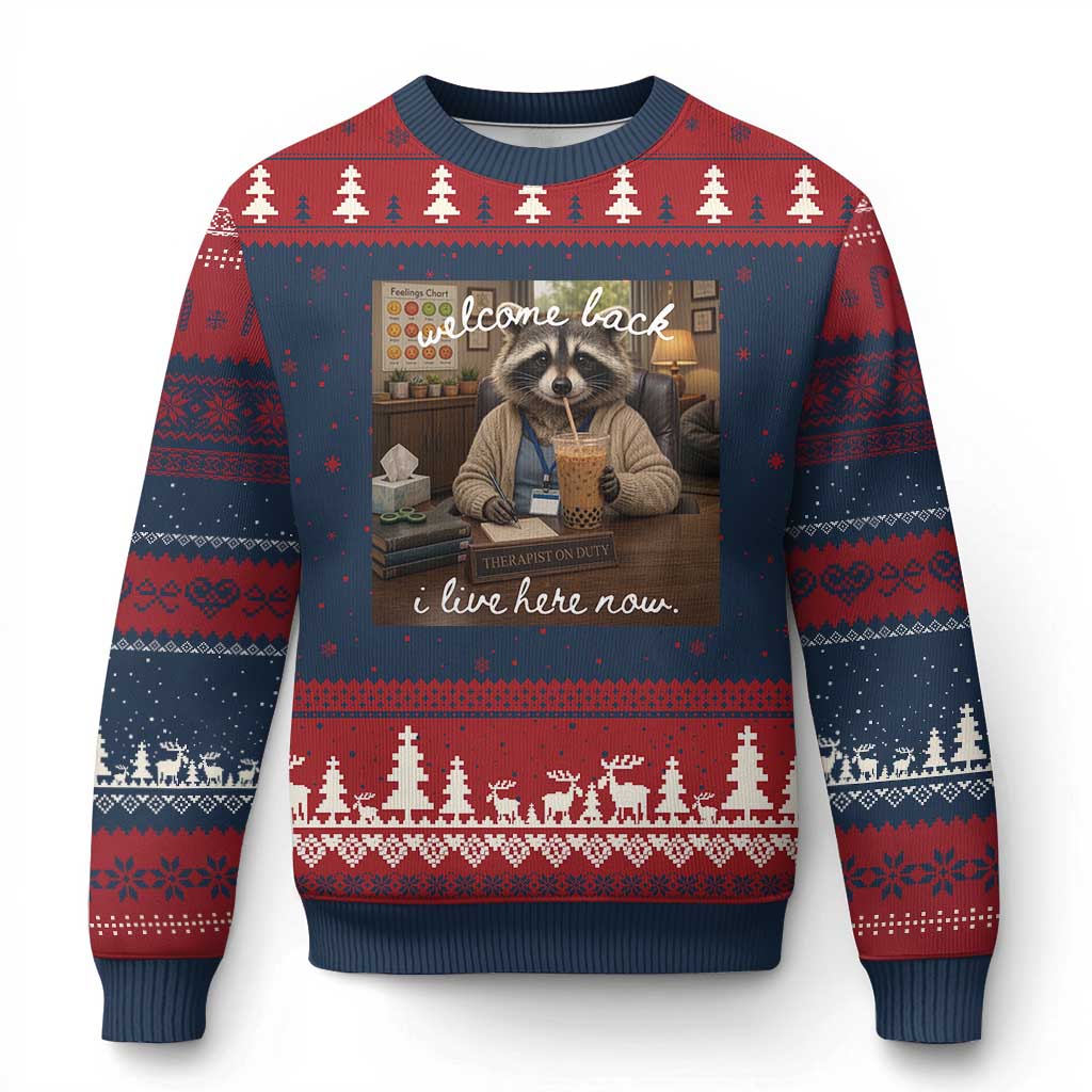 Funny School Therapist Raccoon Drinking Iced Coffee Ugly Christmas Sweater TS14 Navy Red Print Your Wear