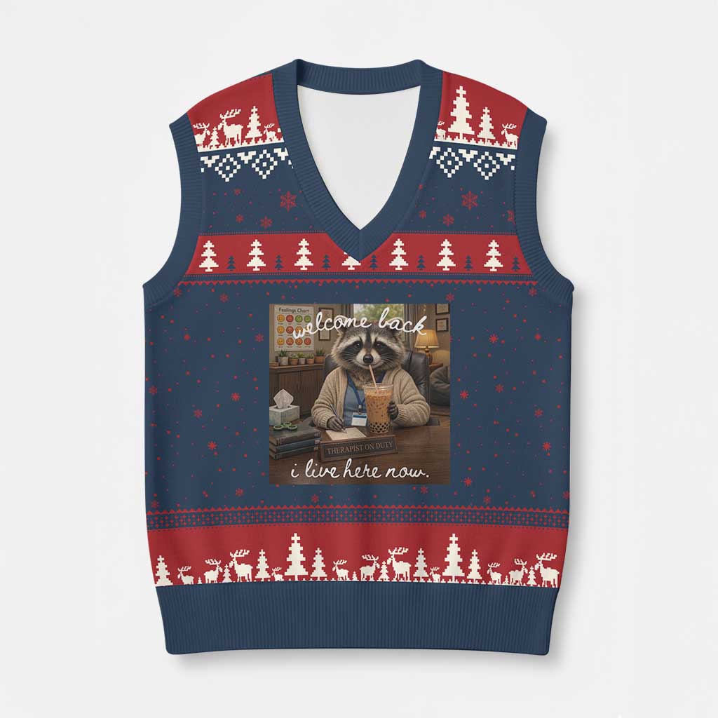 Funny School Therapist Raccoon Drinking Iced Coffee V-Neck Knit Sweater Vest TS14 Navy Red Print Your Wear