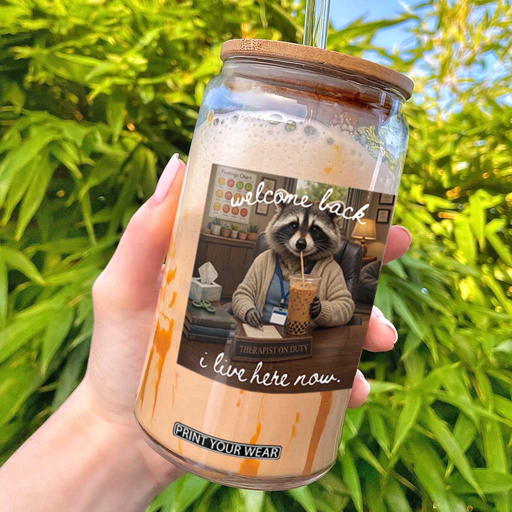 Funny School Therapist Raccoon Drinking Iced Coffee Glass Can TS14 Black Print Your Wear