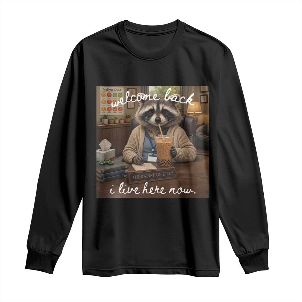 Funny School Therapist Raccoon Drinking Iced Coffee Long Sleeve Shirt TS14 Black Print Your Wear