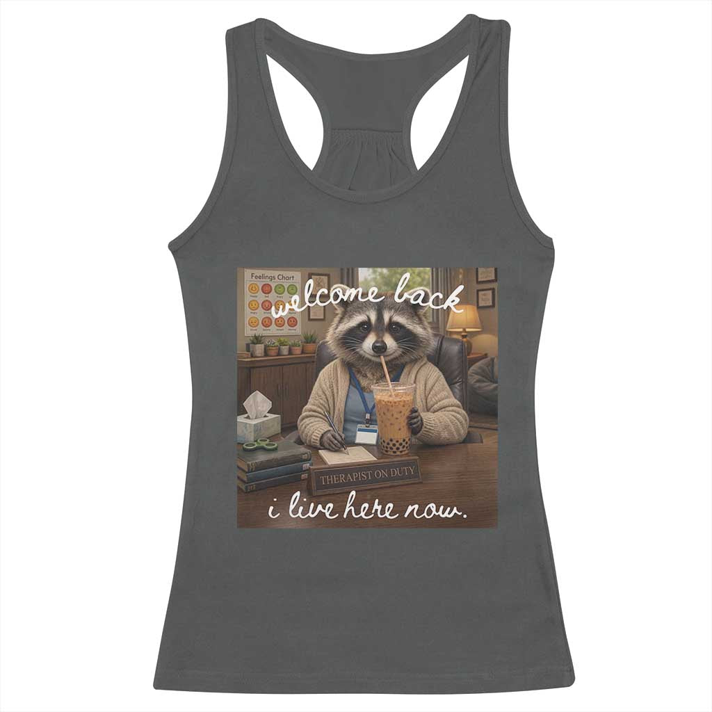 Funny School Therapist Raccoon Drinking Iced Coffee Racerback Tank Top TS14 Dark Heather Print Your Wear
