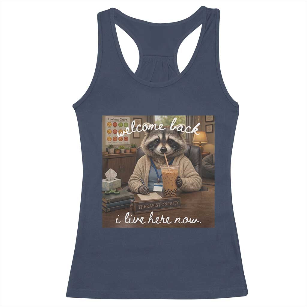 Funny School Therapist Raccoon Drinking Iced Coffee Racerback Tank Top TS14 Navy Print Your Wear