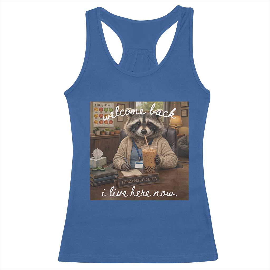 Funny School Therapist Raccoon Drinking Iced Coffee Racerback Tank Top TS14 Royal Blue Print Your Wear