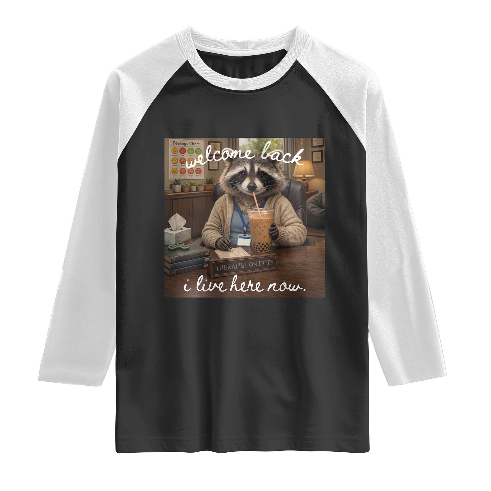 Funny School Therapist Raccoon Drinking Iced Coffee Raglan Shirt TS14 Black White Print Your Wear