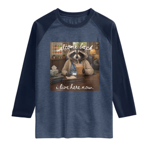 Funny School Therapist Raccoon Drinking Iced Coffee Raglan Shirt TS14 Heather Denim Navy Print Your Wear